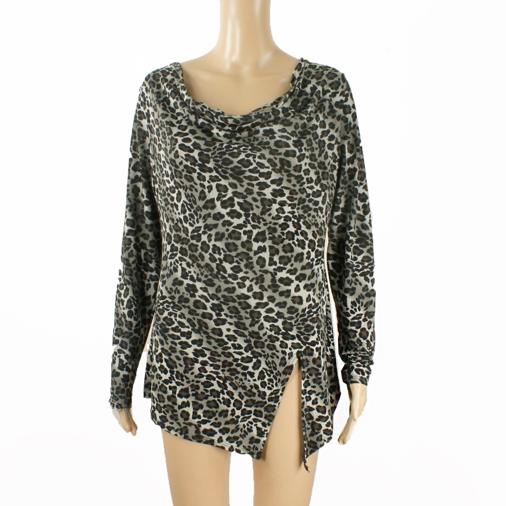 Vintage 90s Y2K Leopard Animal Print Cowl Drape Neck Jersey Stretch Top 2000s